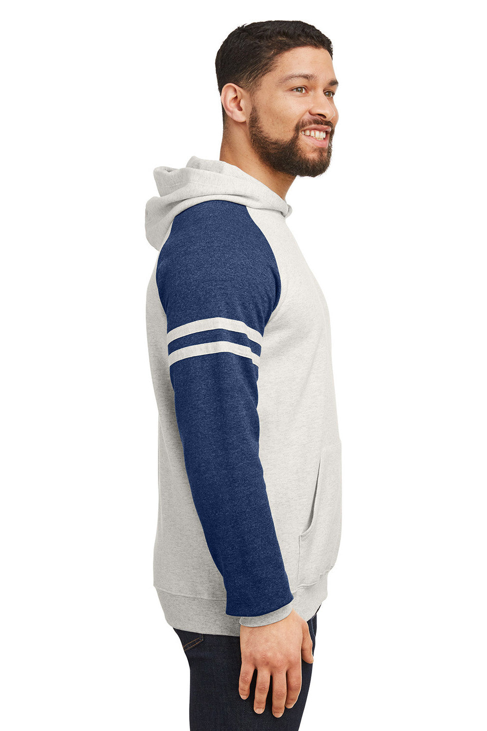 Jerzees 97CR Mens NuBlend Fleece Varsity Colorblock Hooded Sweatshirt Hoodie w/ Pouch Pocket Heather Oatmeal/Indigo Blue Model Side