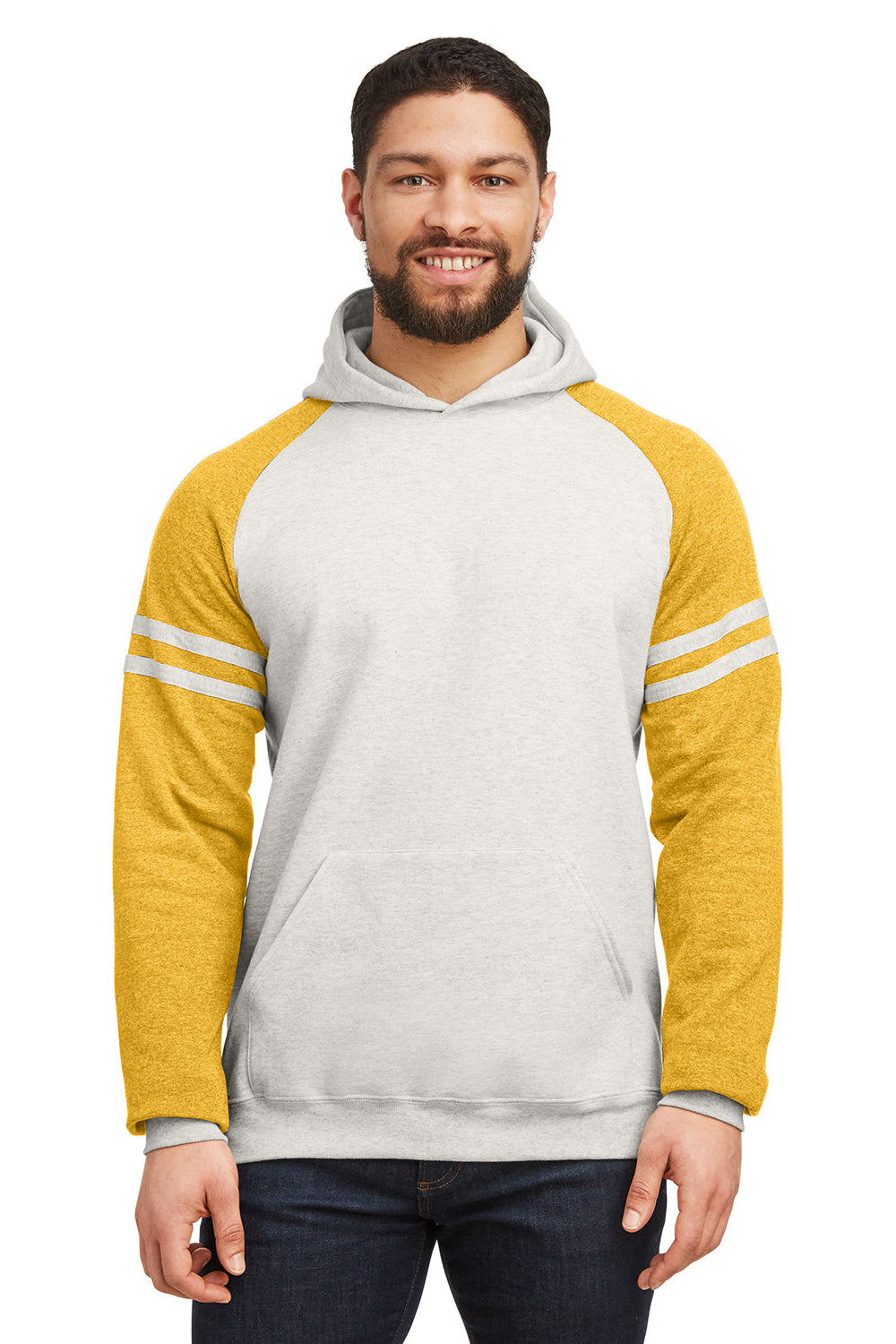 Jerzees 97CR Mens NuBlend Fleece Varsity Colorblock Hooded Sweatshirt Hoodie w/ Pouch Pocket Heather Oatmeal/Mustard Yellow Model Front