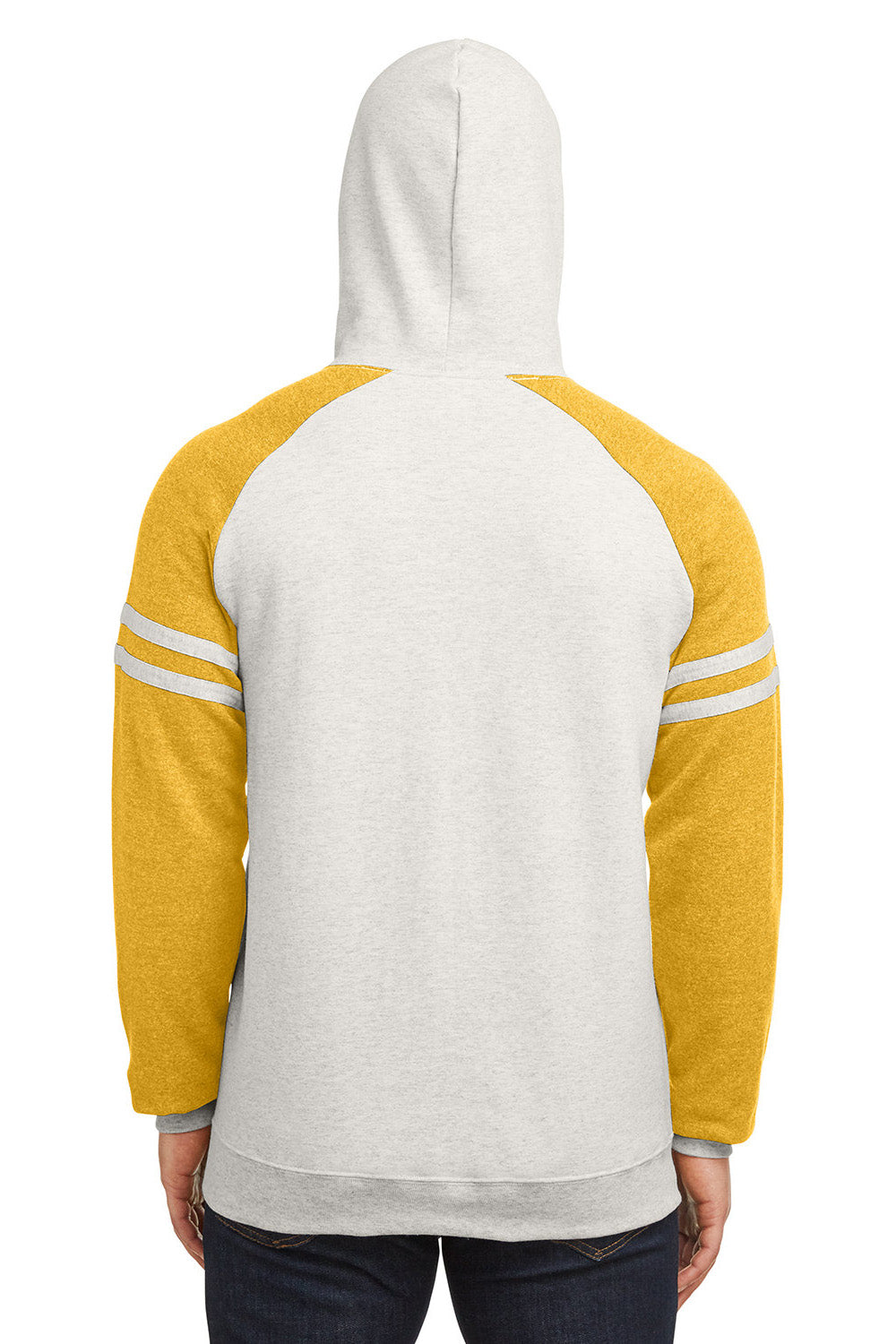 Jerzees 97CR Mens NuBlend Fleece Varsity Colorblock Hooded Sweatshirt Hoodie w/ Pouch Pocket Heather Oatmeal/Mustard Yellow Model Back