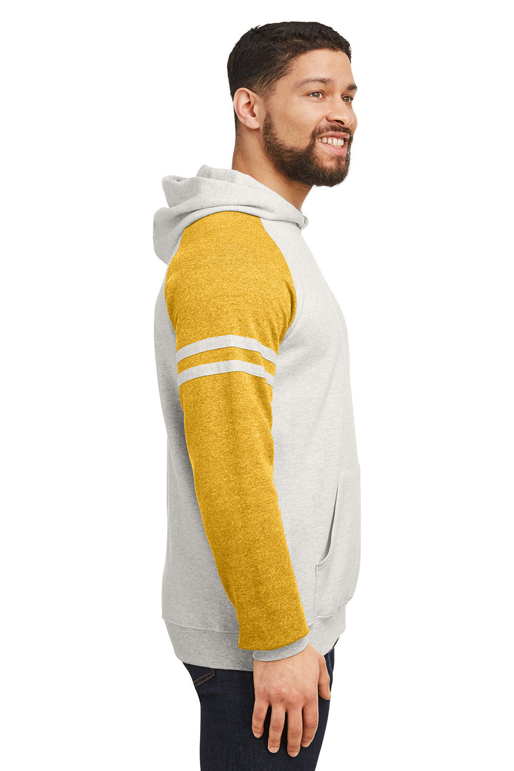 Jerzees 97CR Mens NuBlend Fleece Varsity Colorblock Hooded Sweatshirt Hoodie w/ Pouch Pocket Heather Oatmeal/Mustard Yellow Model Side