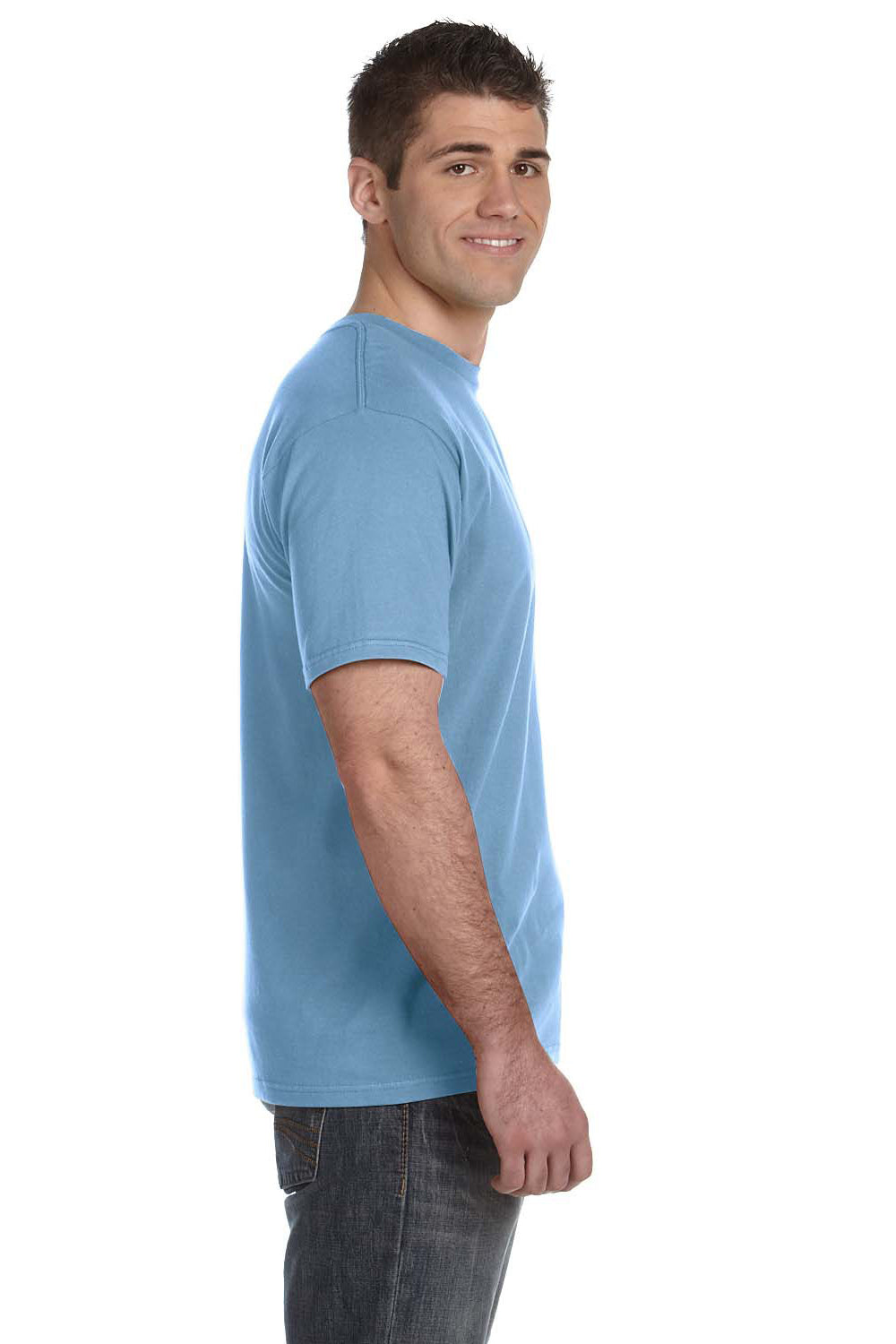 Gildan 980 Mens Short Sleeve Crewneck T-Shirt Baby Blue Model Side