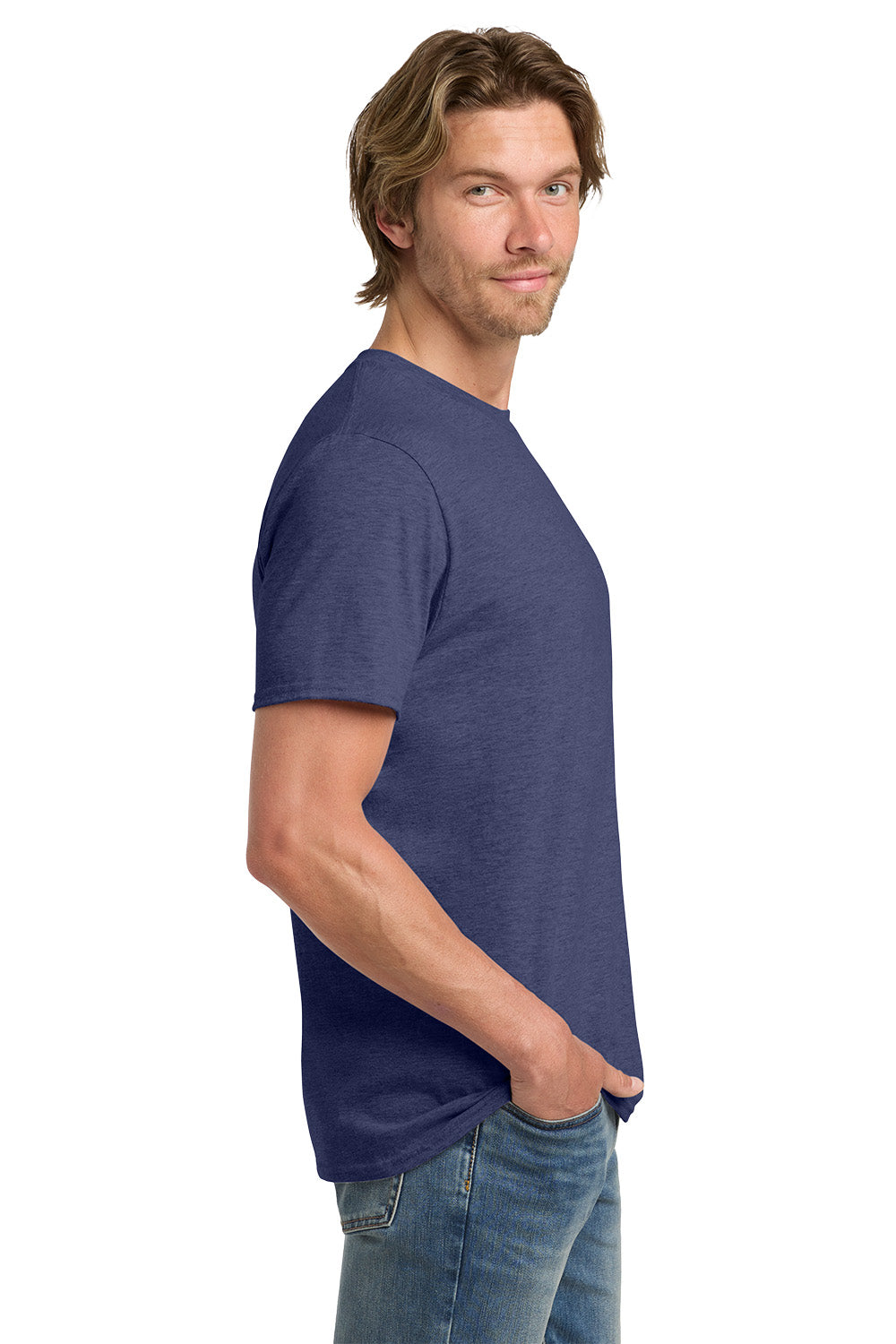 Gildan 980 Mens Short Sleeve Crewneck T-Shirt Heather Blue Model Side