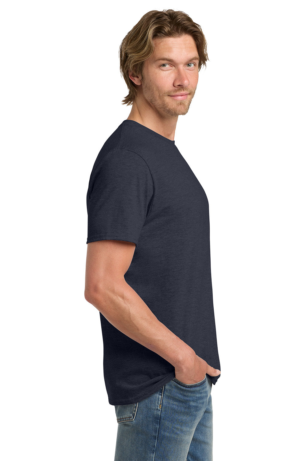 Gildan 980 Mens Short Sleeve Crewneck T-Shirt Heather Navy Blue Model Side