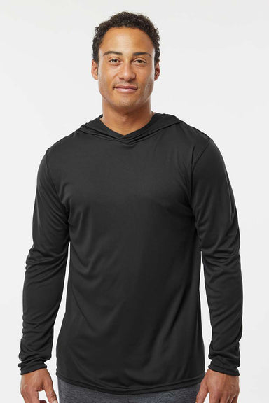 Holloway 222830 Mens Momentum Moisture Wicking Hooded Long Sleeve T-Shirt Hoodie Black Model Front