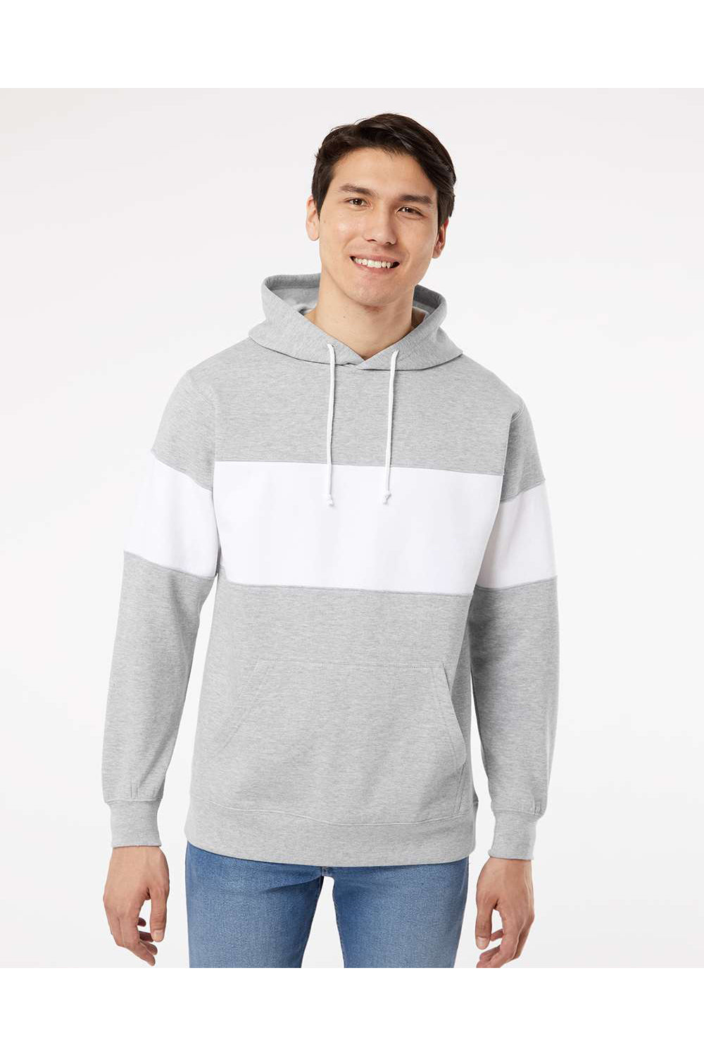 MV Sport 22709 Mens Classic Fleece Colorblocked Hooded Sweatshirt Hoodie Heather Grey Model Front