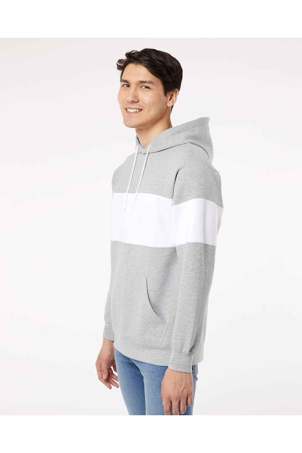 MV Sport 22709 Mens Classic Fleece Colorblocked Hooded Sweatshirt Hoodie Heather Grey Model Side