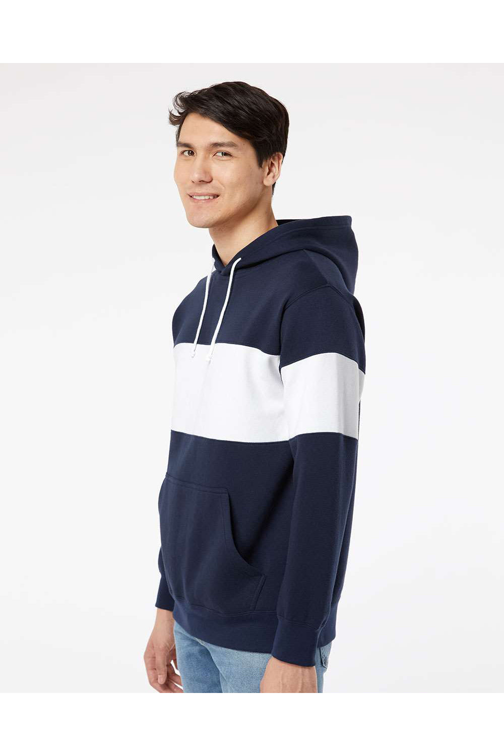 MV Sport 22709 Mens Classic Fleece Colorblocked Hooded Sweatshirt Hoodie Navy Blue Model Side