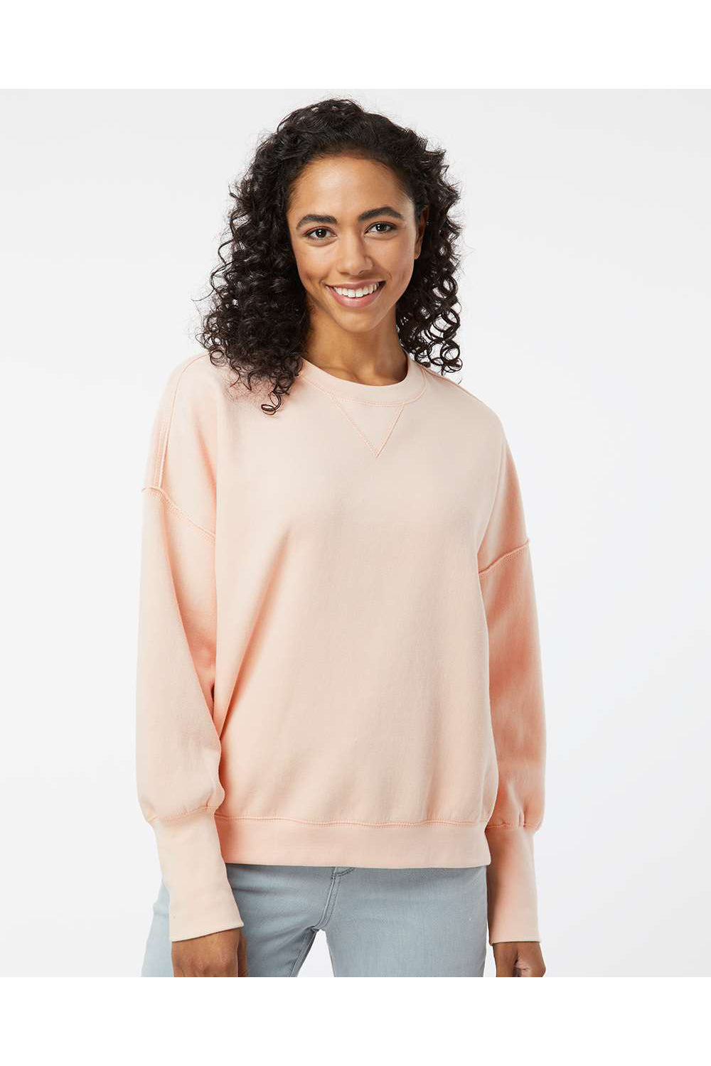 MV Sport W22712 Womens Sueded Fleece Crewneck Sweatshirt Cameo Pink Model Front