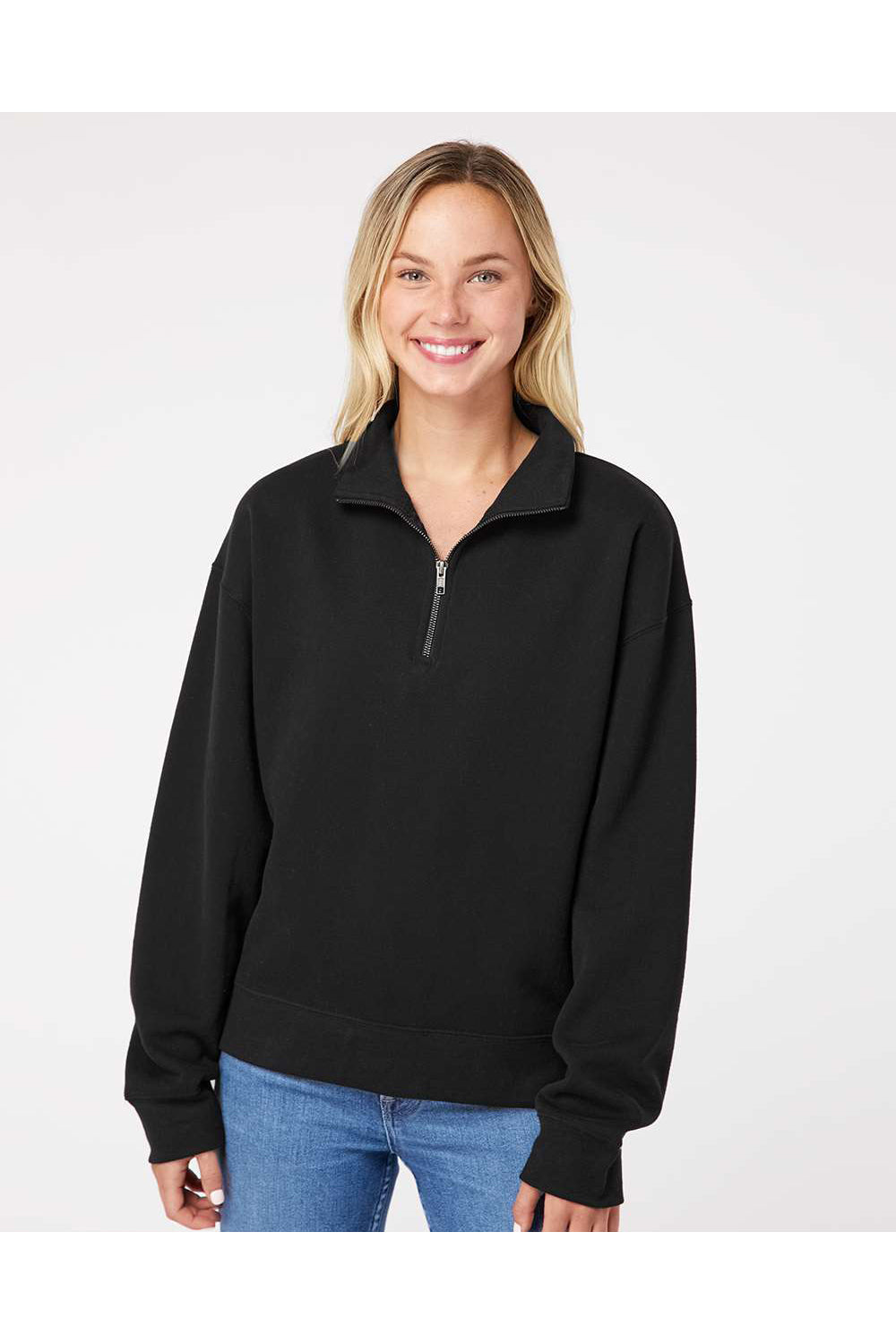 MV Sport W22713 Womens Sueded Fleece 1/4 Zip Sweatshirt Black Model Front