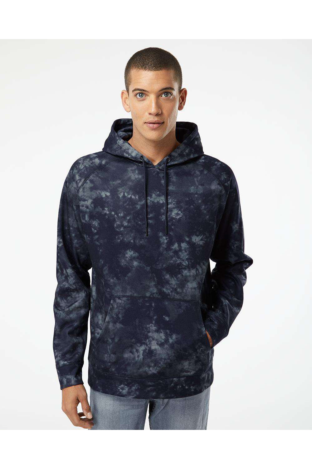 Burnside 8670 Mens Performance Raglan Hooded Sweatshirt Hoodie Navy Blue Tie Dye Model Front