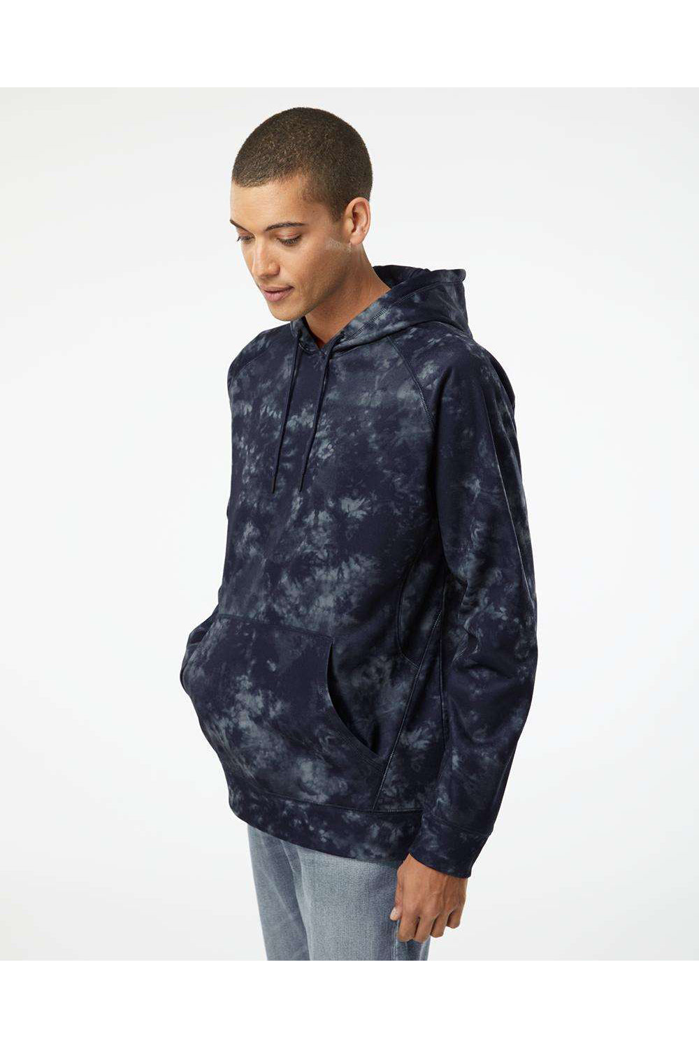 Burnside 8670 Mens Performance Raglan Hooded Sweatshirt Hoodie Navy Blue Tie Dye Model Side