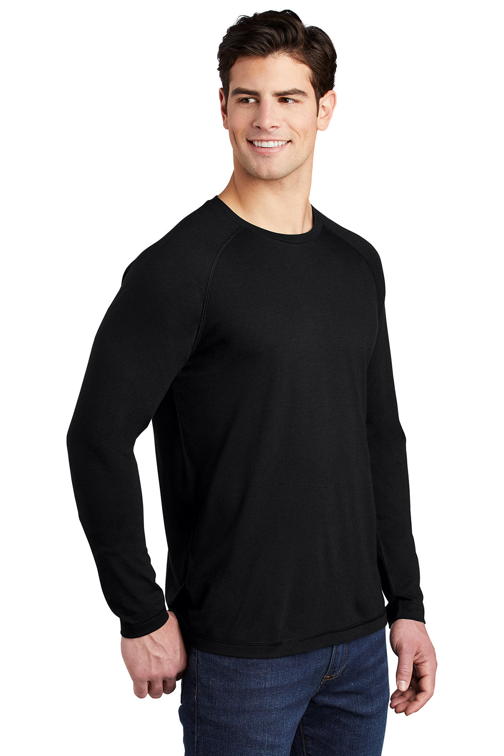 Sport-Tek ST400LS Mens Moisture Wicking Long Sleeve Crewneck T-Shirt Black Model 3q