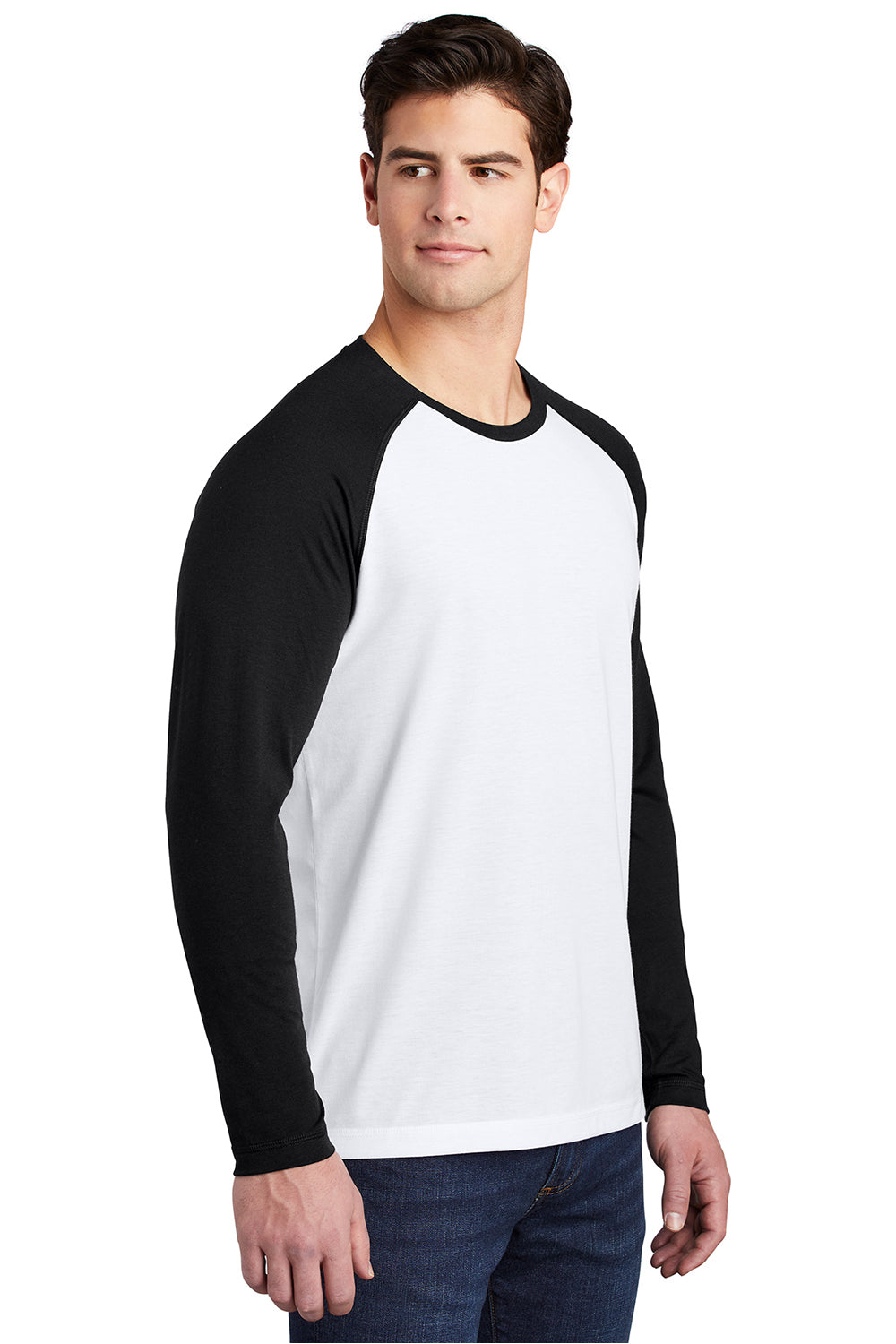 Sport-Tek ST400LS Mens Moisture Wicking Long Sleeve Crewneck T-Shirt White/Black Model 3q