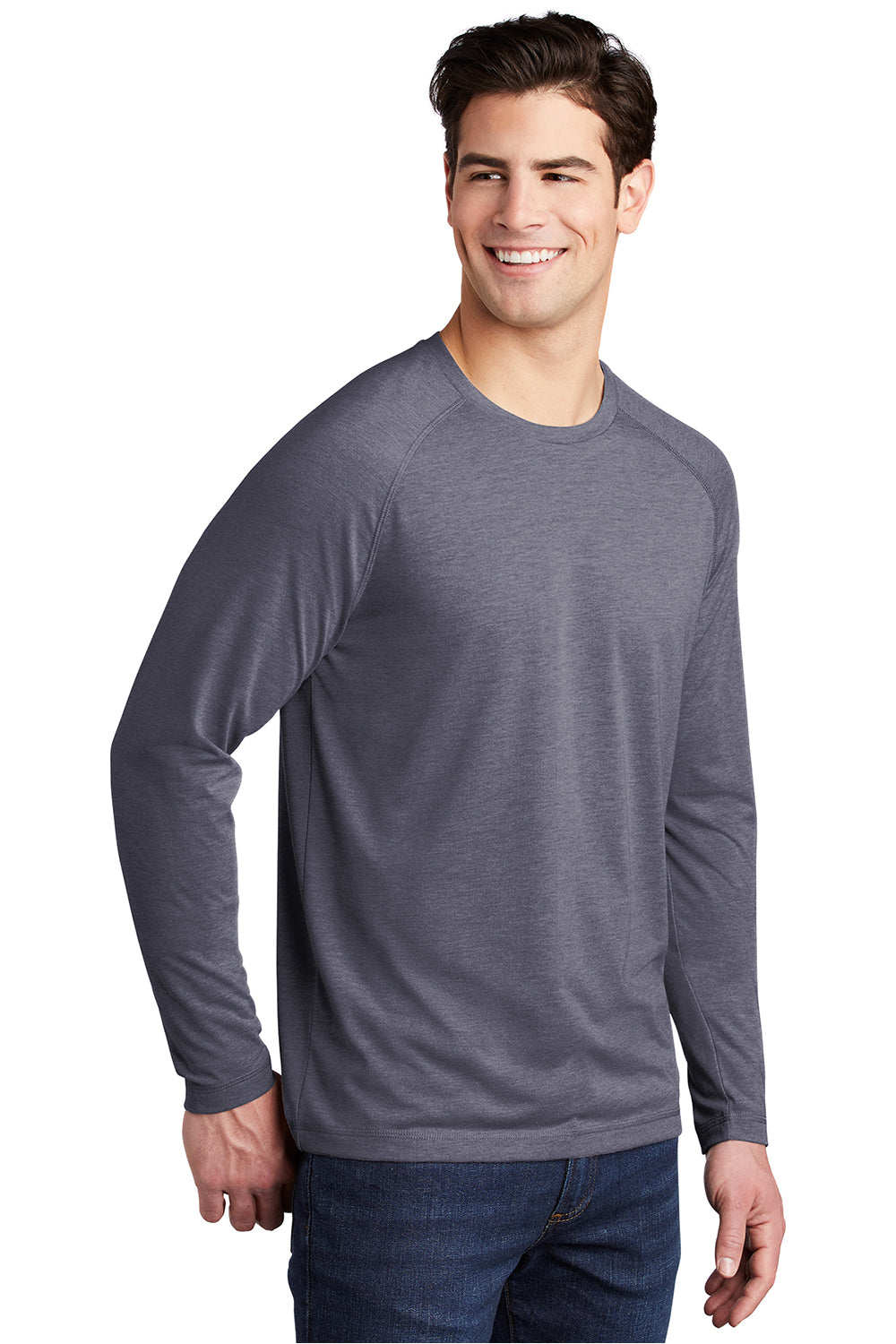 Sport-Tek ST400LS Mens Moisture Wicking Long Sleeve Crewneck T-Shirt Heather True Navy Blue Model 3q