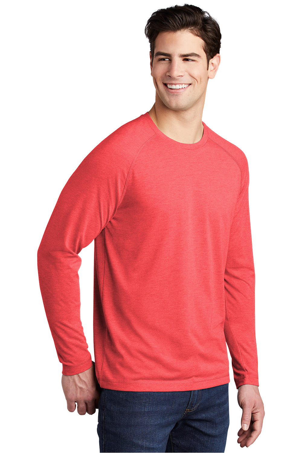 Sport-Tek ST400LS Mens Moisture Wicking Long Sleeve Crewneck T-Shirt Heather True Red Model 3q