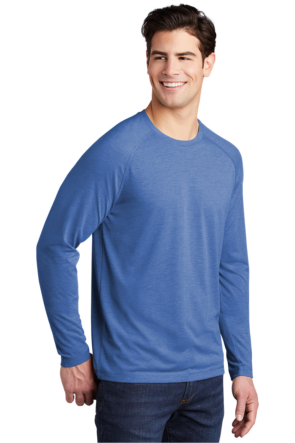 Sport-Tek ST400LS Mens Moisture Wicking Long Sleeve Crewneck T-Shirt Heather True Royal Blue Model 3q