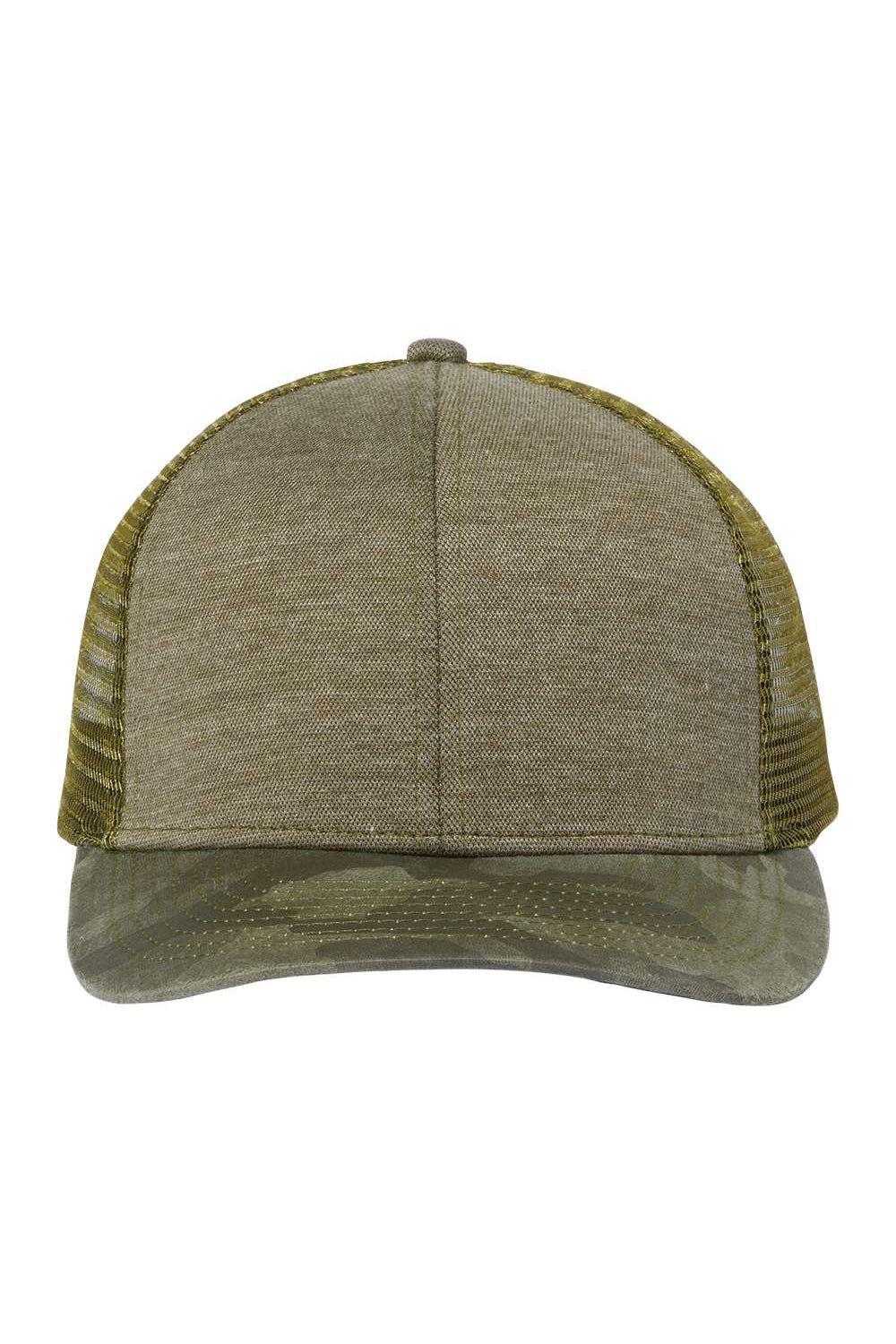 Dri Duck 3358 Mens Pique Trucker Hat Olive Green/Camo Flat Front