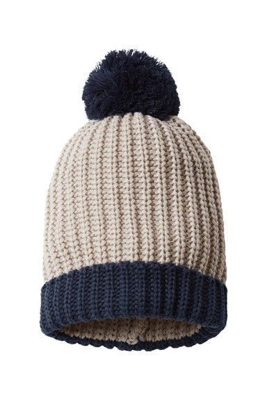 Richardson 143R Mens Chunky Cable Beanie Stone/Navy Blue Flat Front