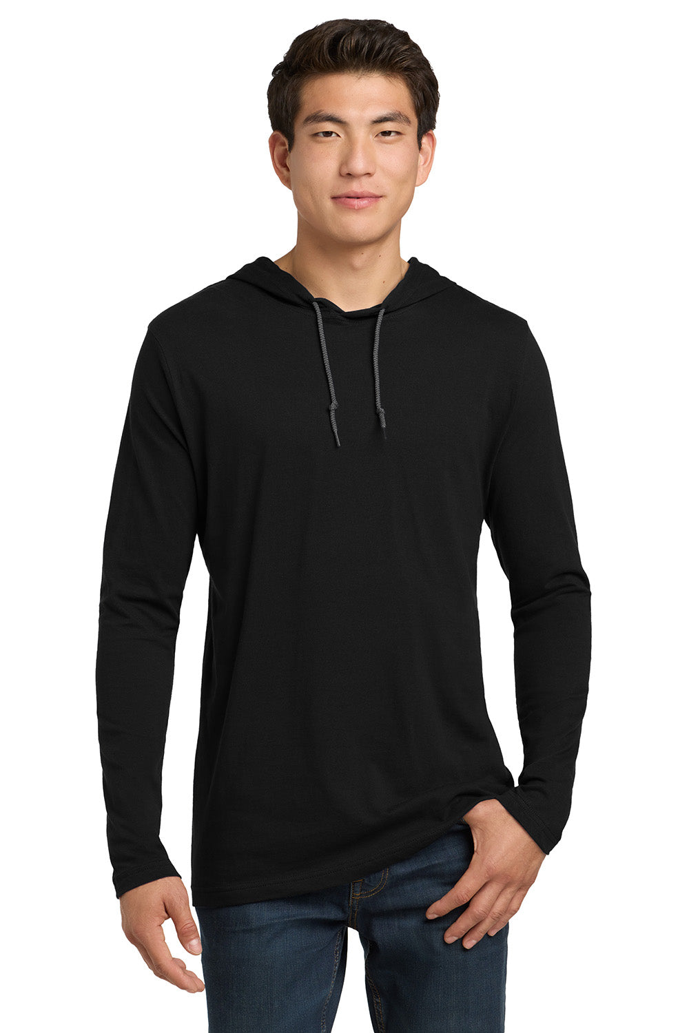 Gildan 987/987AN Mens Long Sleeve Hooded T-Shirt Hoodie Black/Dark Grey Model Front