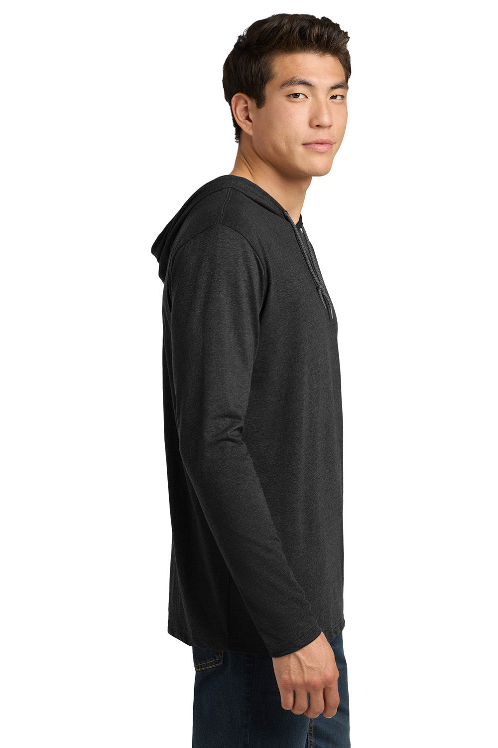 Gildan 987/987AN Mens Long Sleeve Hooded T-Shirt Hoodie Heather Dark Grey/Dark Grey Model Side