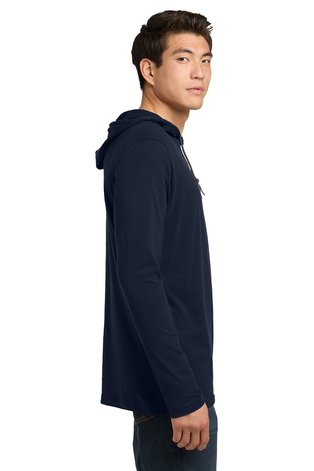 Gildan 987/987AN Mens Long Sleeve Hooded T-Shirt Hoodie Navy Blue/Dark Grey Model Side