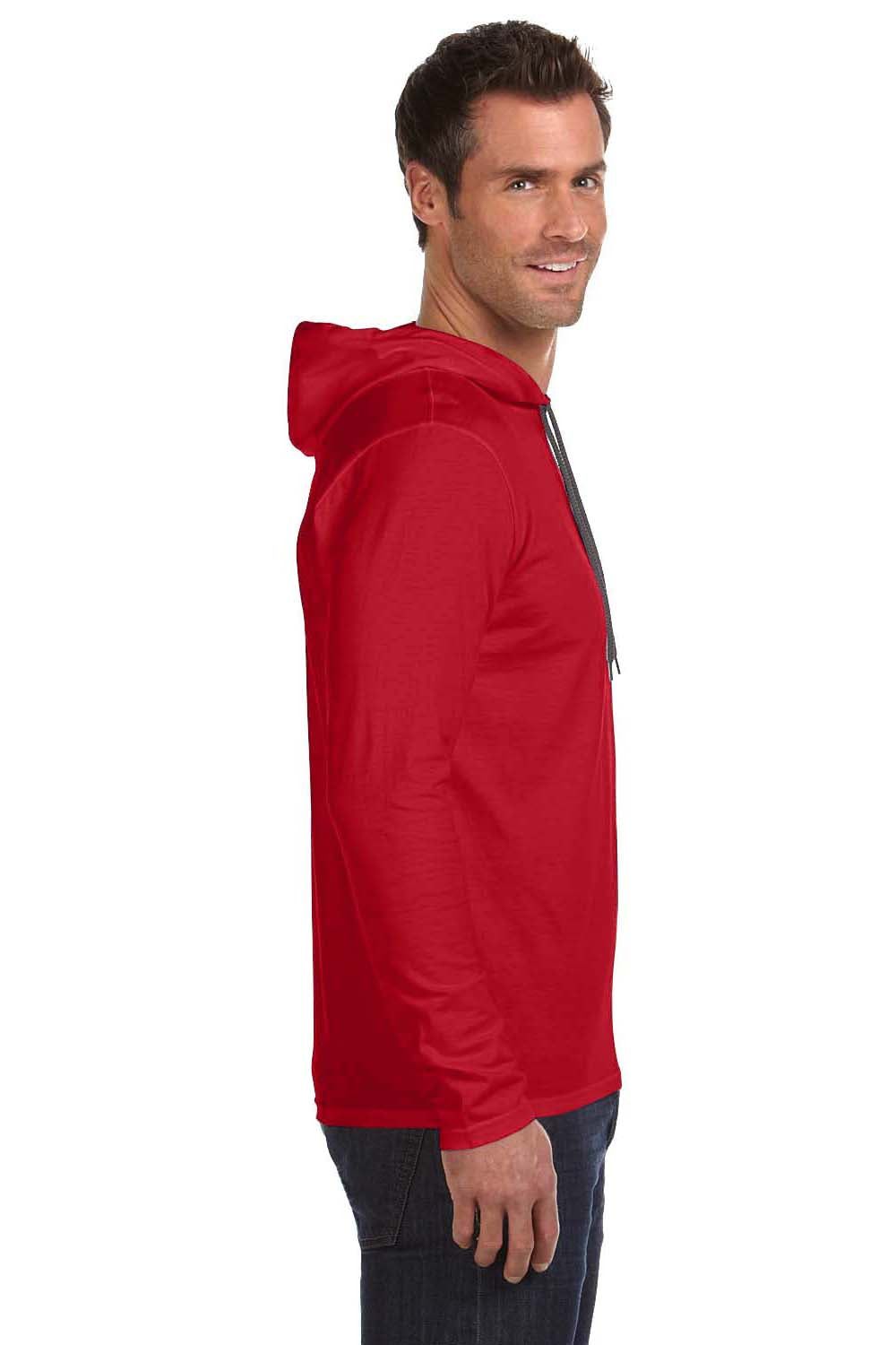 Gildan 987/987AN Mens Long Sleeve Hooded T-Shirt Hoodie Red/Dark Grey Model Side