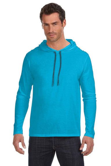 Gildan 987/987AN Mens Long Sleeve Hooded T-Shirt Hoodie Caribbean Blue/Dark Grey Model Front