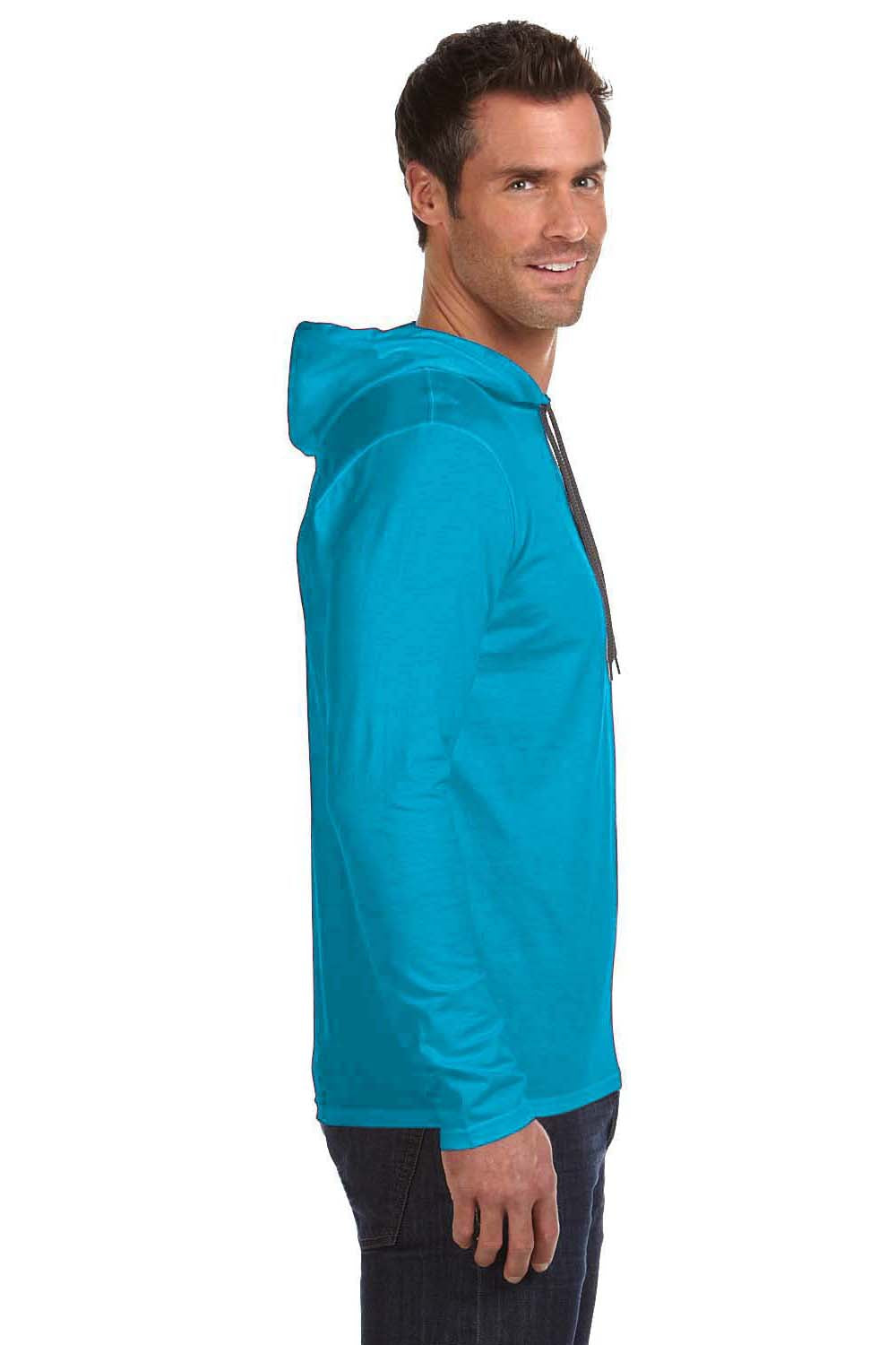 Gildan 987/987AN Mens Long Sleeve Hooded T-Shirt Hoodie Caribbean Blue/Dark Grey Model Side