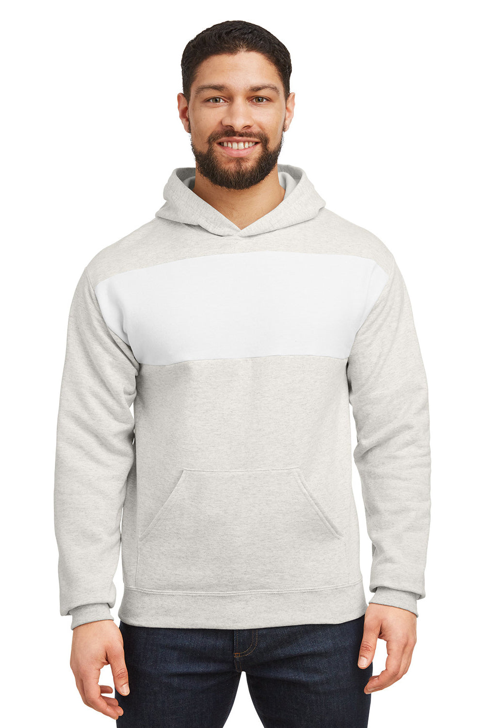 Jerzees 98CR Mens NuBlend Fleece Pill Resistant Billboard Hooded Sweatshirt Hoodie w/ Pouch Pocket Heather Oatmeal/White Model Front