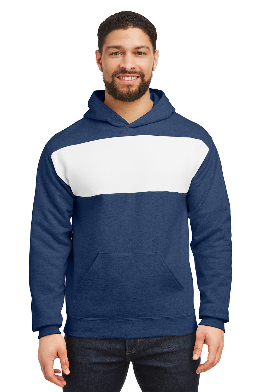 Jerzees 98CR Mens NuBlend Fleece Pill Resistant Billboard Hooded Sweatshirt Hoodie w/ Pouch Pocket Heather Indigo Blue/White Model Front