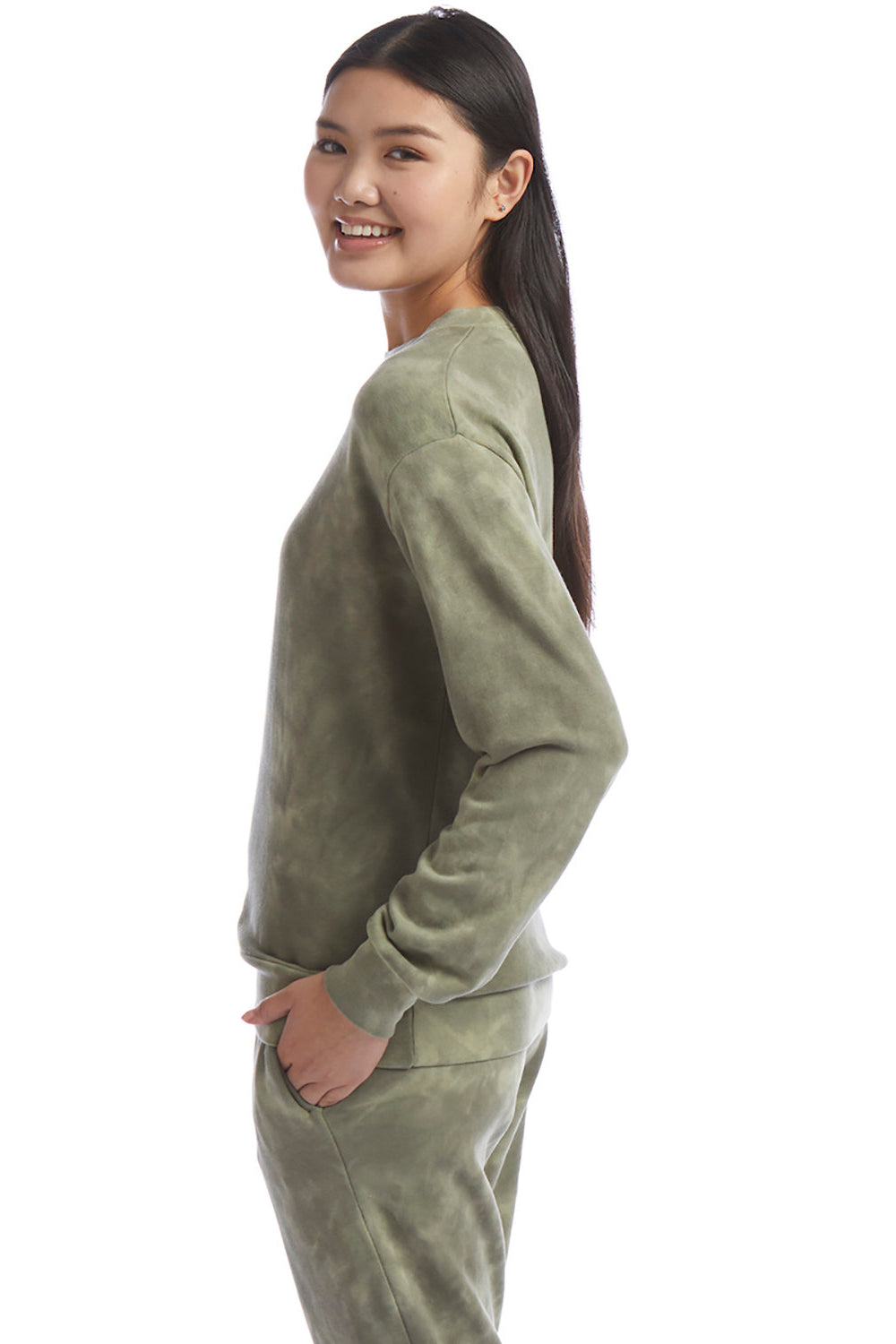 Alternative 9903ZT Womens Eco Washed Throwback Crewneck Sweatshirt Olive Tonal Tie Dye Model Side