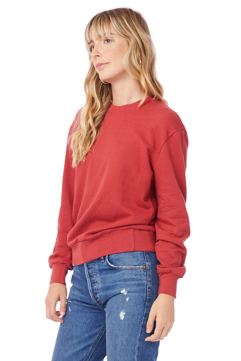 Alternative 9903ZT Womens Eco Washed Throwback Crewneck Sweatshirt Faded Red Model Side