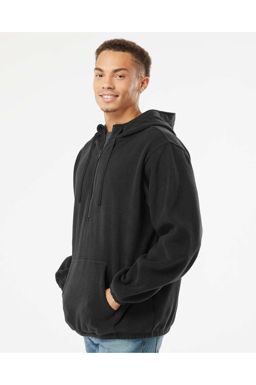 Burnside 3600 Mens Polar Fleece 1/4 Zip Hooded Sweatshirt Hoodie Black Model Side