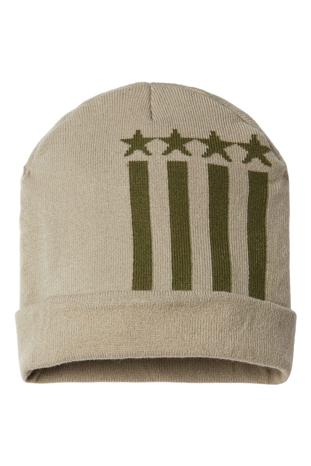 Cap America RK12 Mens USA Made Patriotic Cuffed Beanie Khaki/Olive Stars Flat Front