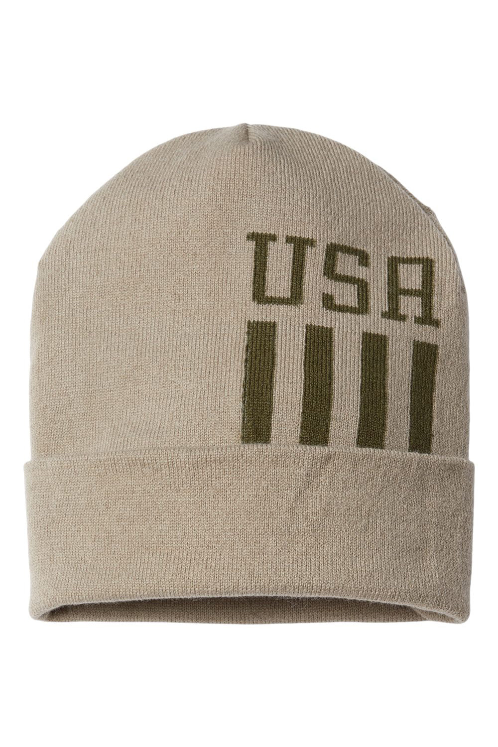 Cap America RK12 Mens USA Made Patriotic Cuffed Beanie Khaki/Olive USA Flat Front