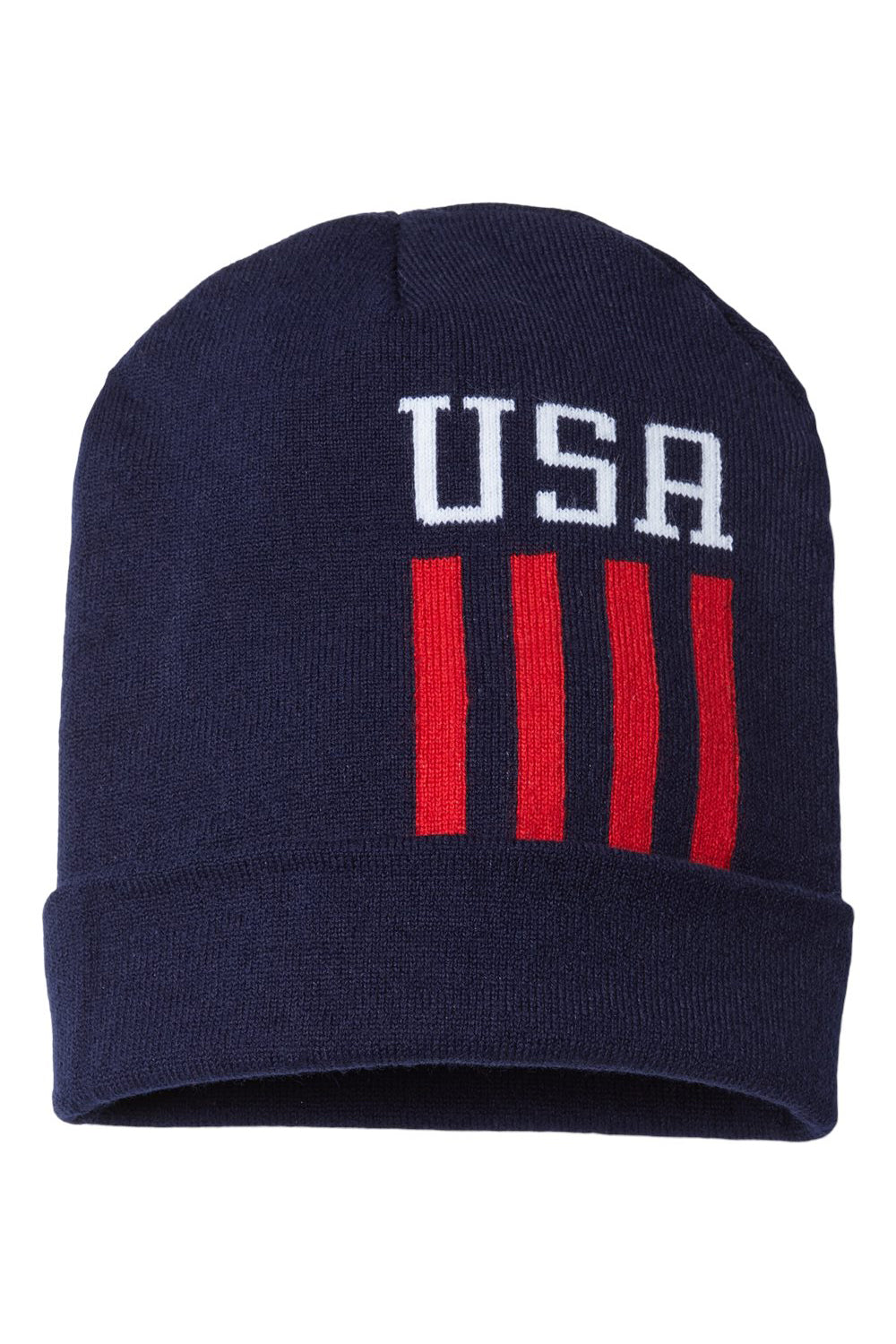 Cap America RK12 Mens USA Made Patriotic Cuffed Beanie True Navy Blue/White/True Red USA Flat Front