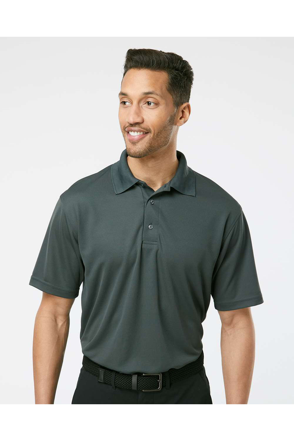 Paragon 100 Mens Saratoga Performance Mini Mesh Short Sleeve Polo Shirt Carbon Grey Model Front