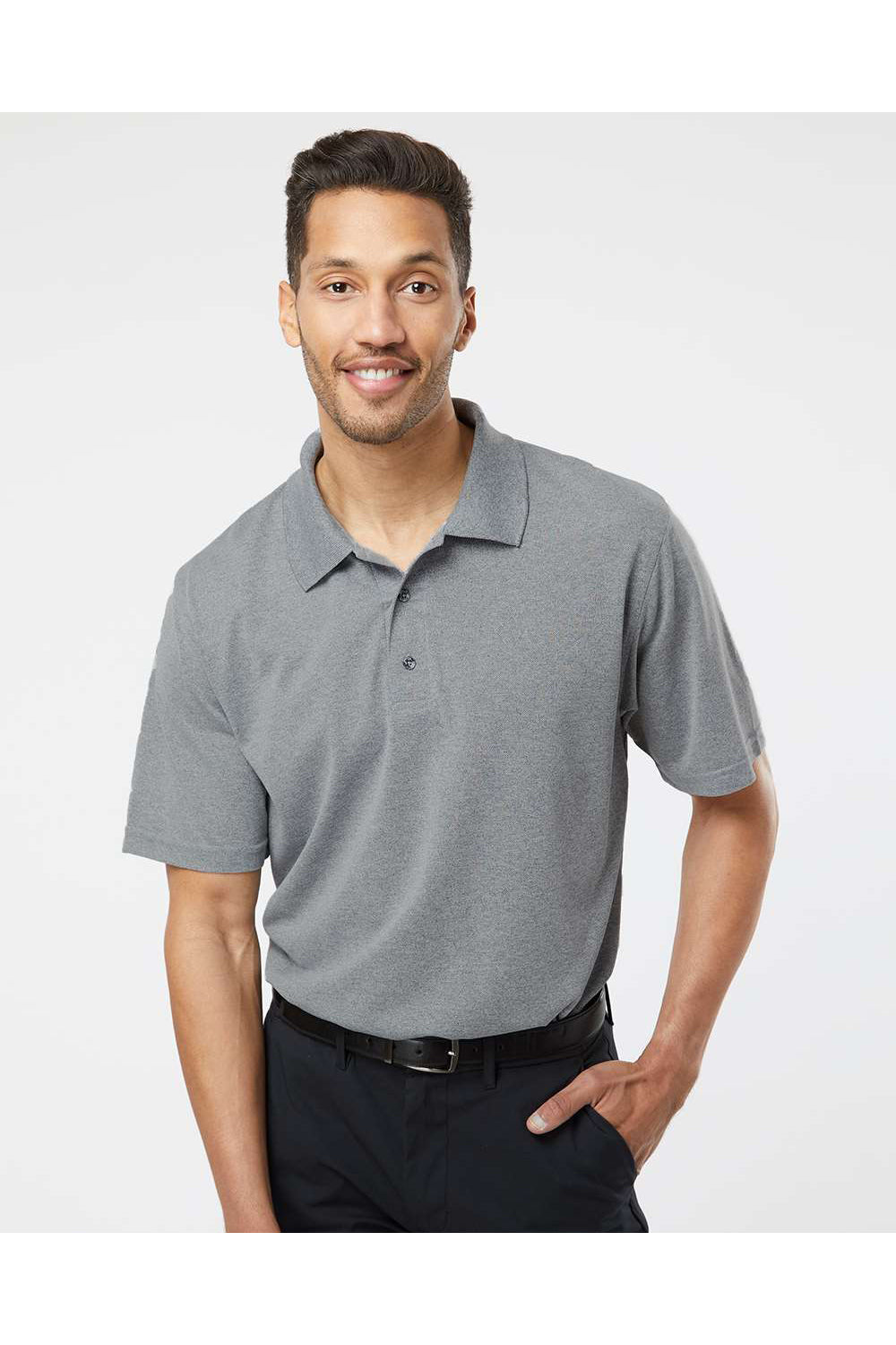 Paragon 100 Mens Saratoga Performance Mini Mesh Short Sleeve Polo Shirt Heather Grey Model Front