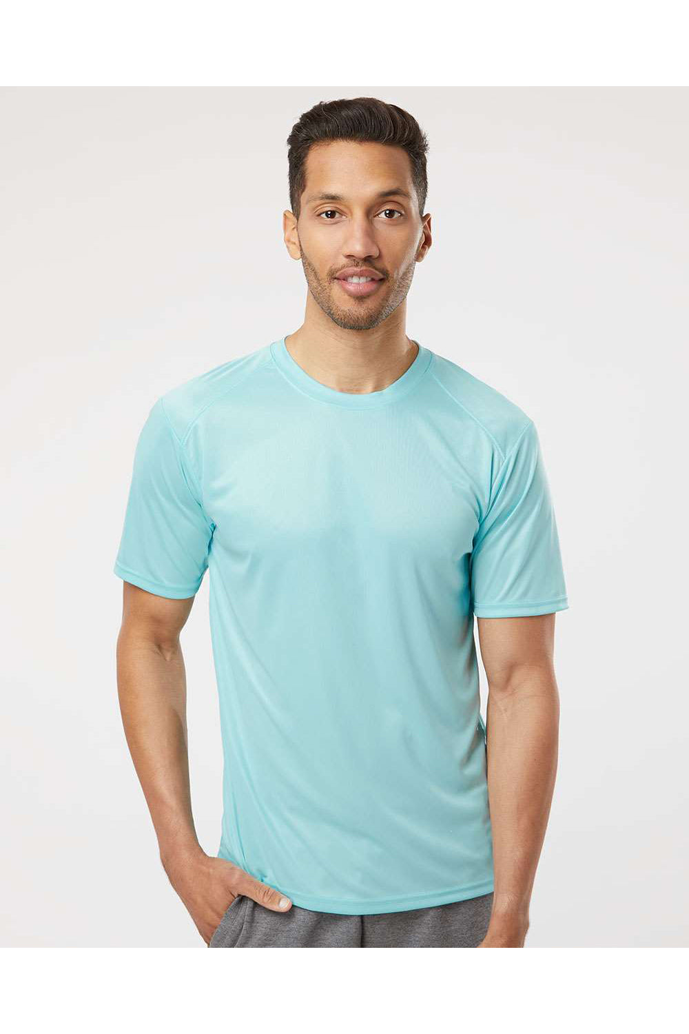 Paragon 200 Mens Islander Performance Short Sleeve Crewneck T-Shirt Aqua Blue Model Front