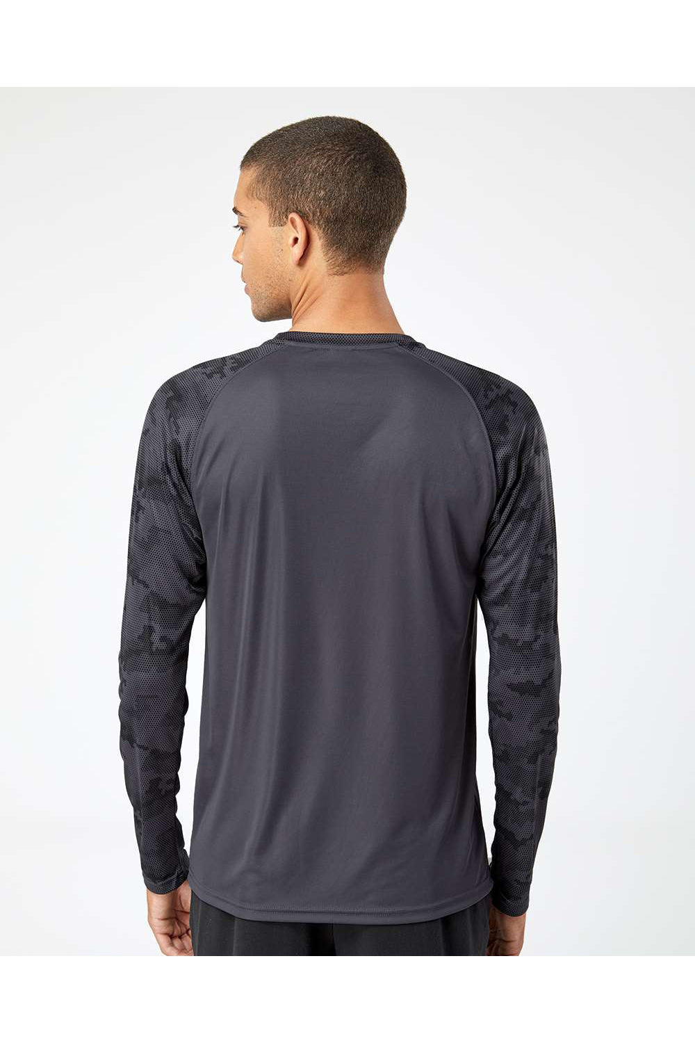 Paragon 216 Mens Cayman Performance Camo Colorblocked Long Sleeve Crewneck T-Shirt Graphite Grey Model Back