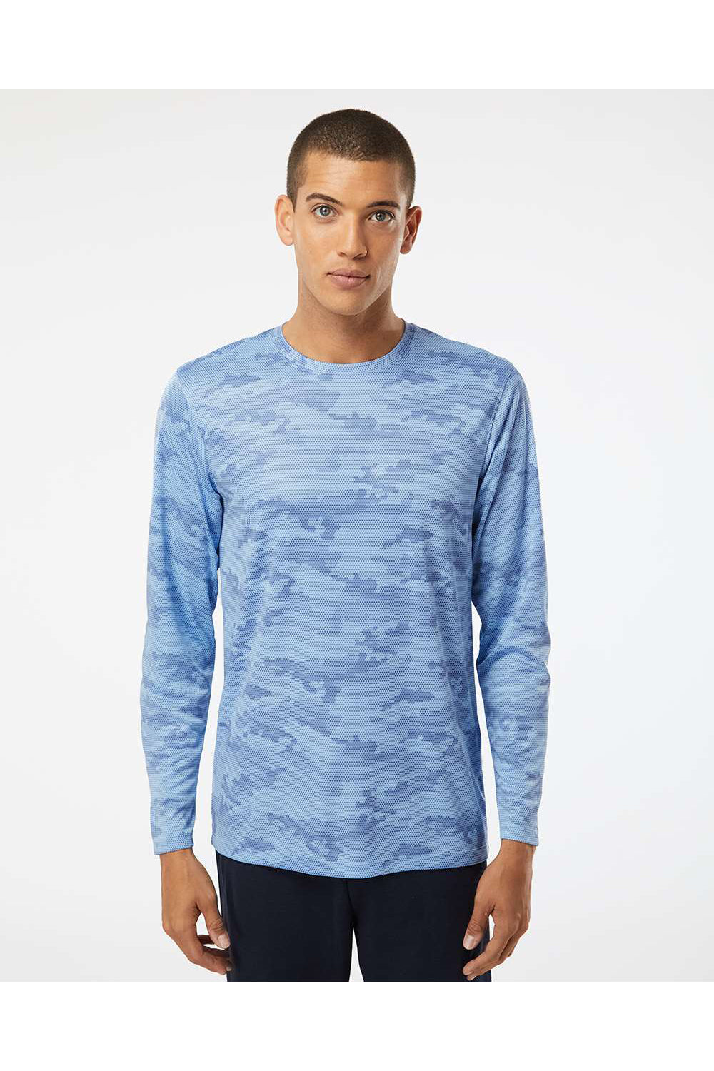 Paragon 217 Mens Pompano Performance Camo Long Sleeve Crewneck T-Shirt Blue Mist Model Front