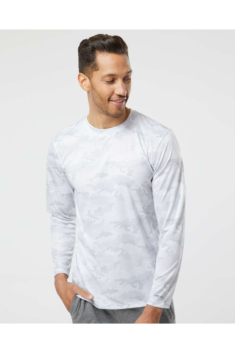 Paragon 217 Mens Pompano Performance Camo Long Sleeve Crewneck T-Shirt White Model Front