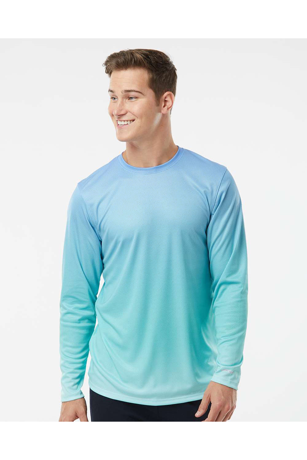 Paragon 225 Mens Barbados Performance Pin Dot Long Sleeve Crewneck T-Shirt Blue Mist/Light Teal Blue Model Front