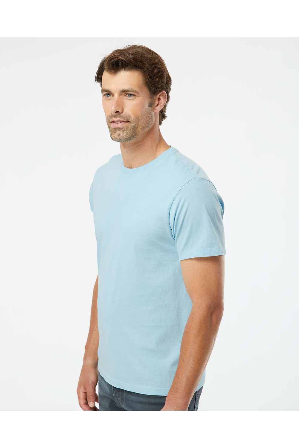 SoftShirts 400 Mens Organic Short Sleeve Crewneck T-Shirt Chambray Blue Model Side