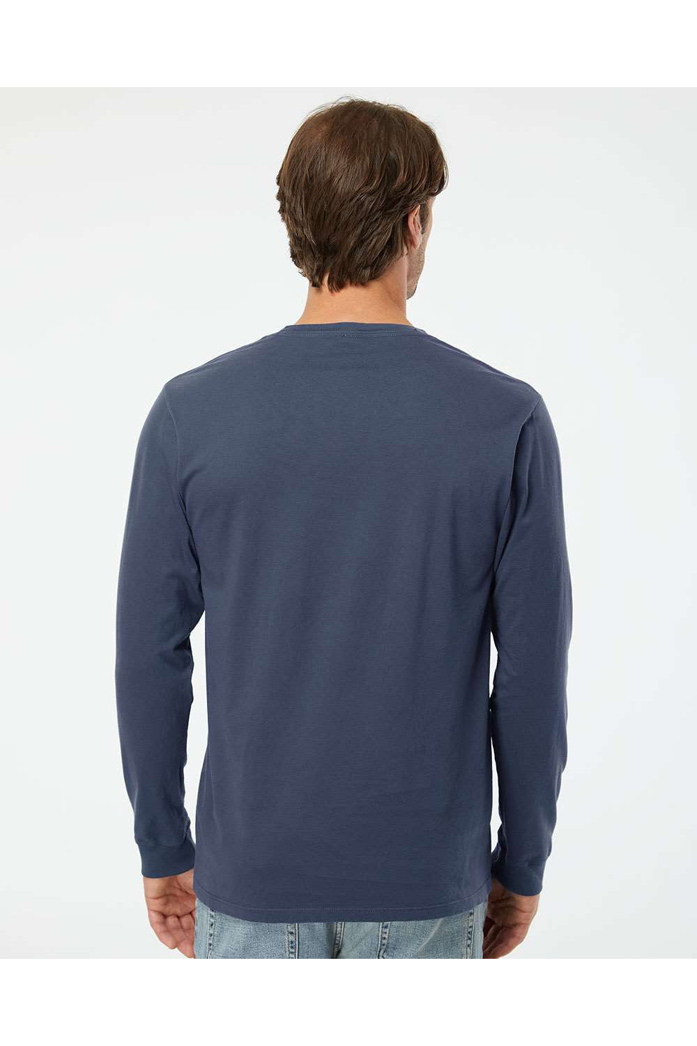 SoftShirts 420 Mens Organic Long Sleeve Crewneck T-Shirt Navy Blue Model Back