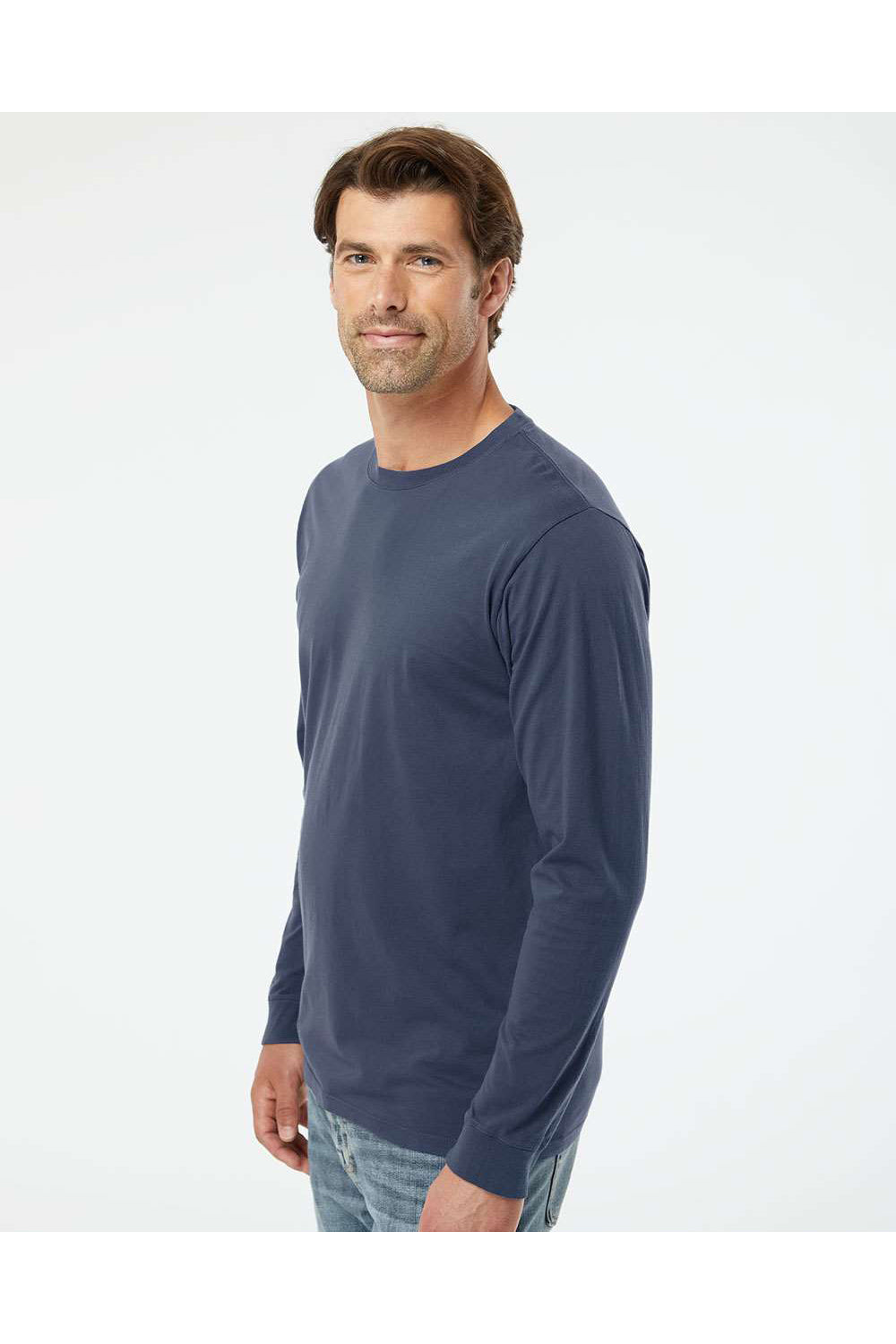 SoftShirts 420 Mens Organic Long Sleeve Crewneck T-Shirt Navy Blue Model Side