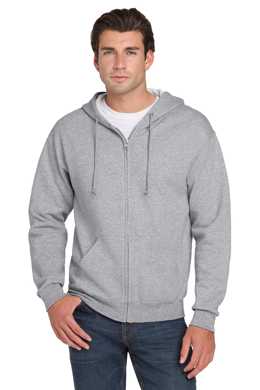 Jerzees 993M/993/993MR Mens NuBlend Pill Resistant Fleece Full Zip Hooded Sweatshirt Hoodie w/ Pockets Heather Grey Model Front