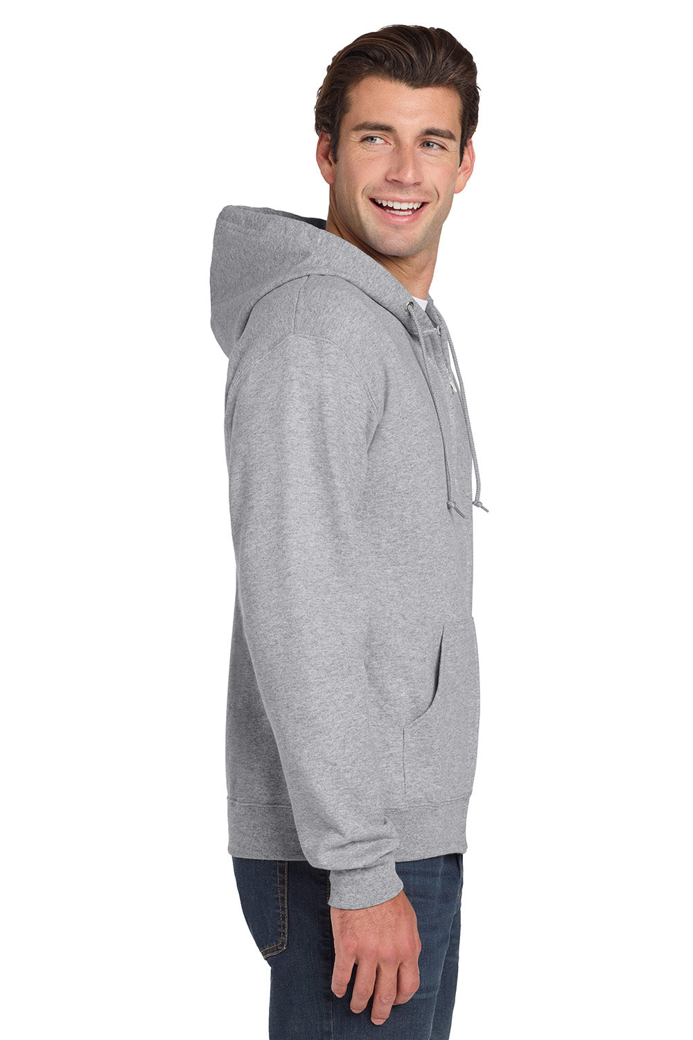 Jerzees 993M/993/993MR Mens NuBlend Pill Resistant Fleece Full Zip Hooded Sweatshirt Hoodie w/ Pockets Heather Grey Model Side