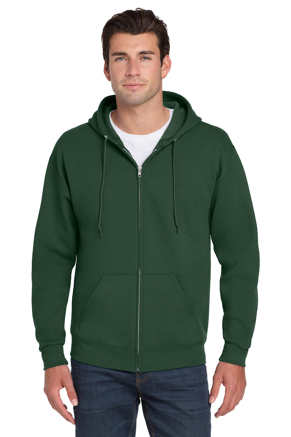 Jerzees 993M/993/993MR Mens NuBlend Pill Resistant Fleece Full Zip Hooded Sweatshirt Hoodie w/ Pockets Forest Green Model Front