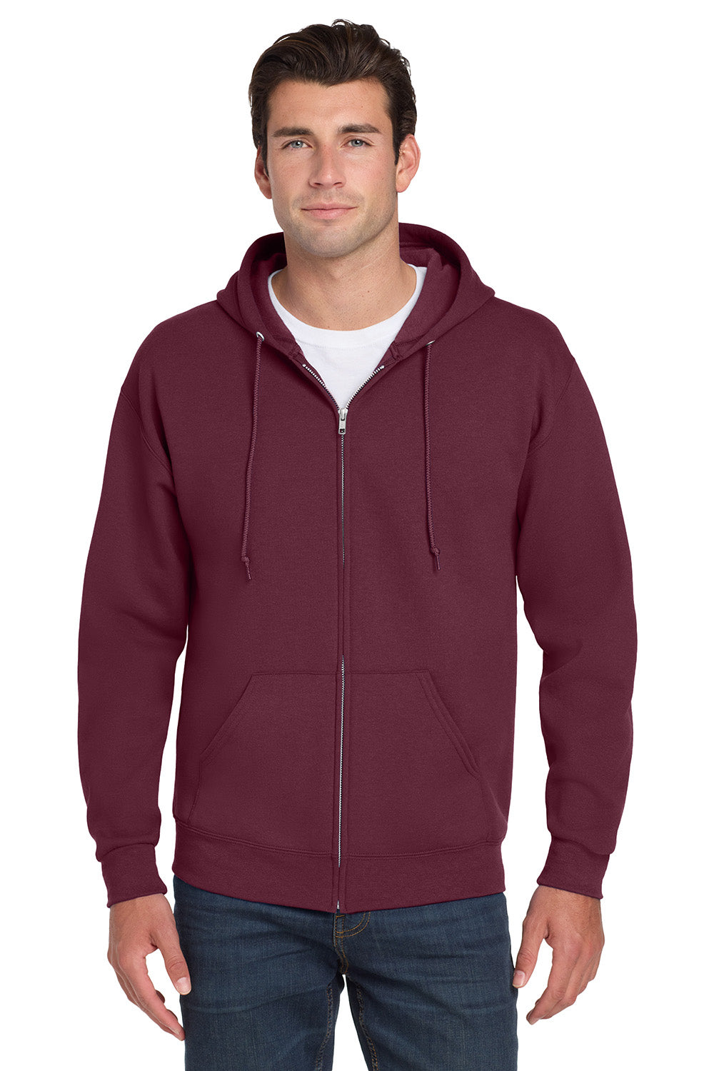 Jerzees 993M/993/993MR Mens NuBlend Pill Resistant Fleece Full Zip Hooded Sweatshirt Hoodie w/ Pockets Maroon Model Front